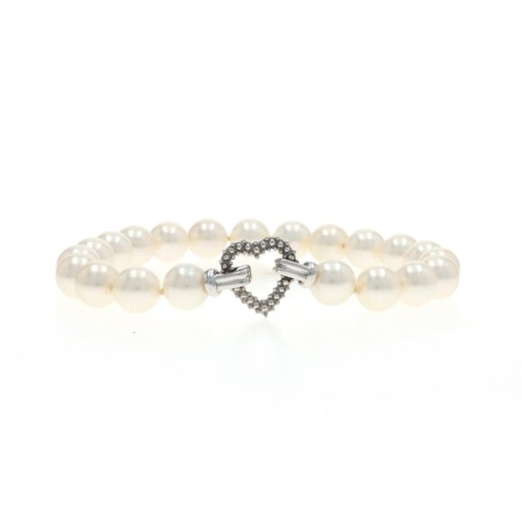 White Gold Pearl Heart Knotted Strand Bracelet 6 3/4" - 14k Love - Picture 1 of 6